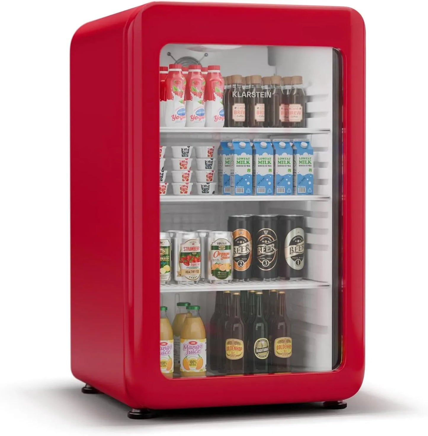 Réfrigérateur à Boissons Klarstein Audrey Evo, 113L - Design Rétro, Double Porte Vitrée, LED, Température 0-10°C, Classe Énergétique C, Pieds Ajustables, Rouge